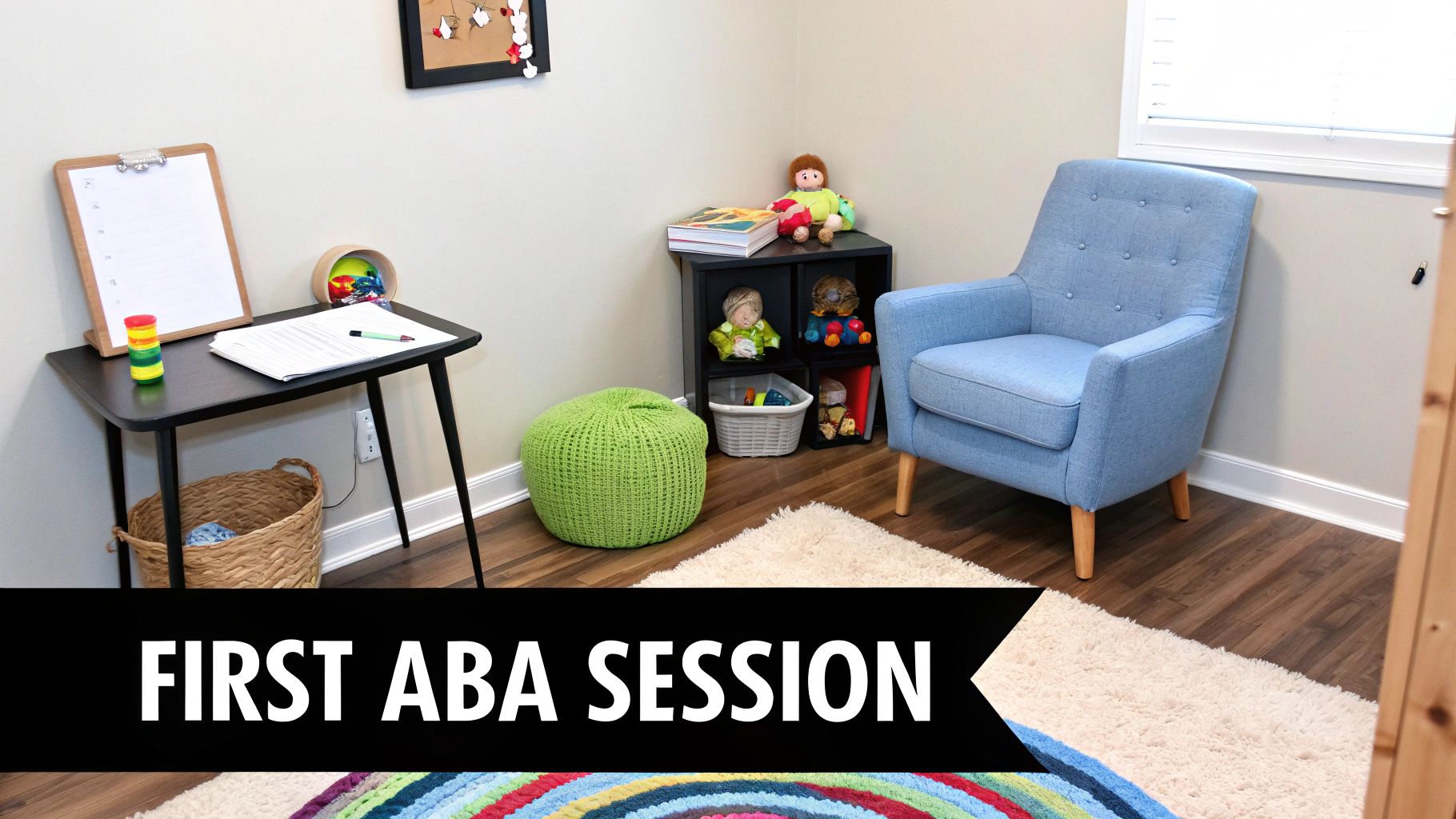A welcoming and colorful room set up with a blue chair and toys for a child's first ABA session.