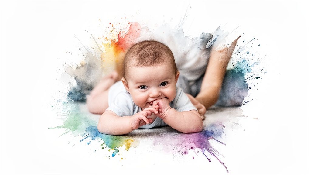 A happy baby on its stomach, smiling and chewing on its fingers, surrounded by colorful watercolor splashes.