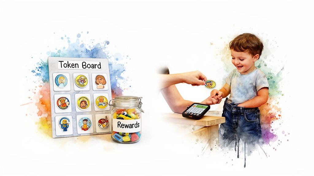 A Guide to The Toilet Training for Children with Autism 4 A happy child receives a reward token, next to a token board and rewards jar.