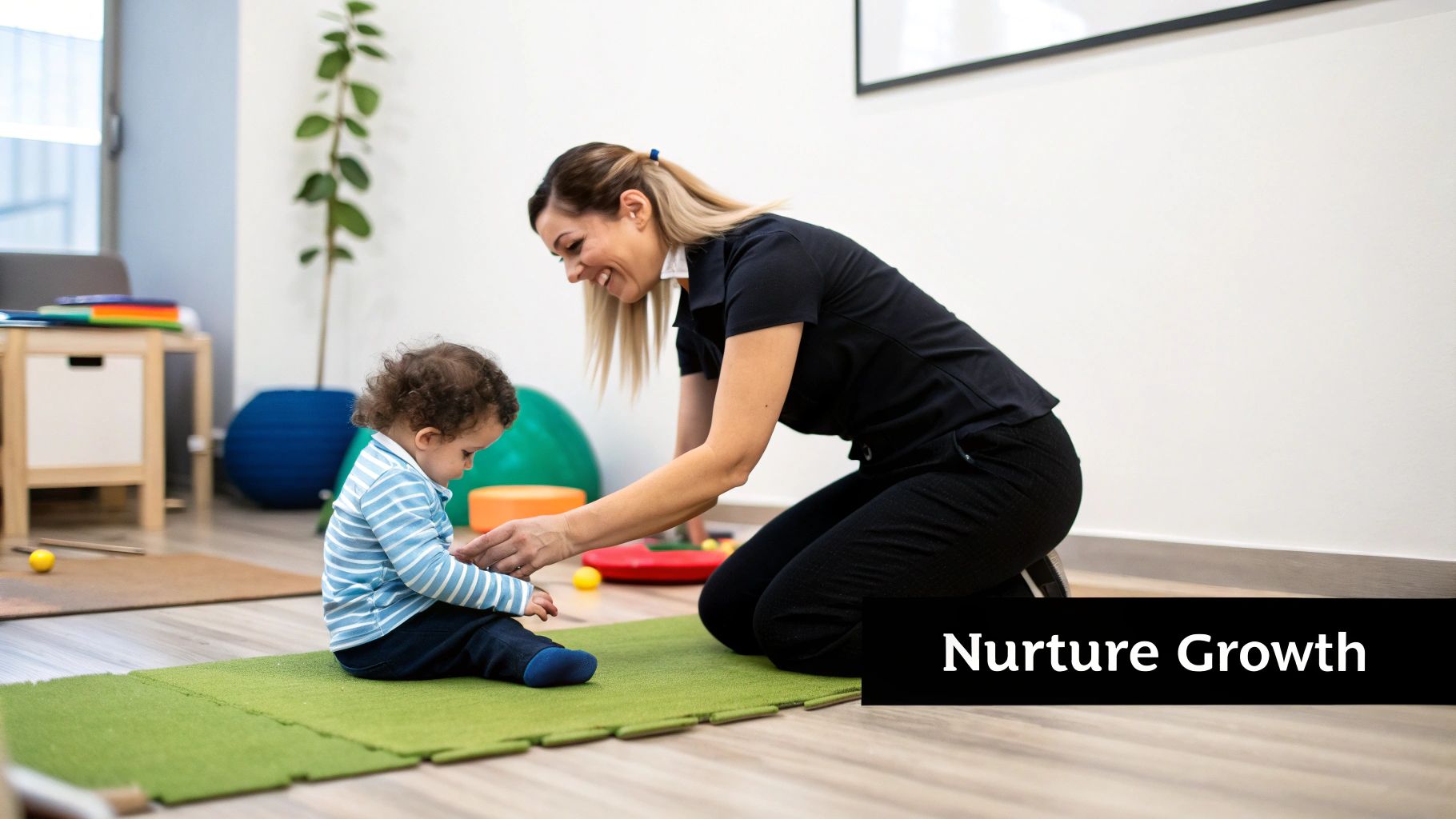 Your Guide to the child early intervention medical center 1 A therapist helps a young child with building blocks in a bright, modern playroom.