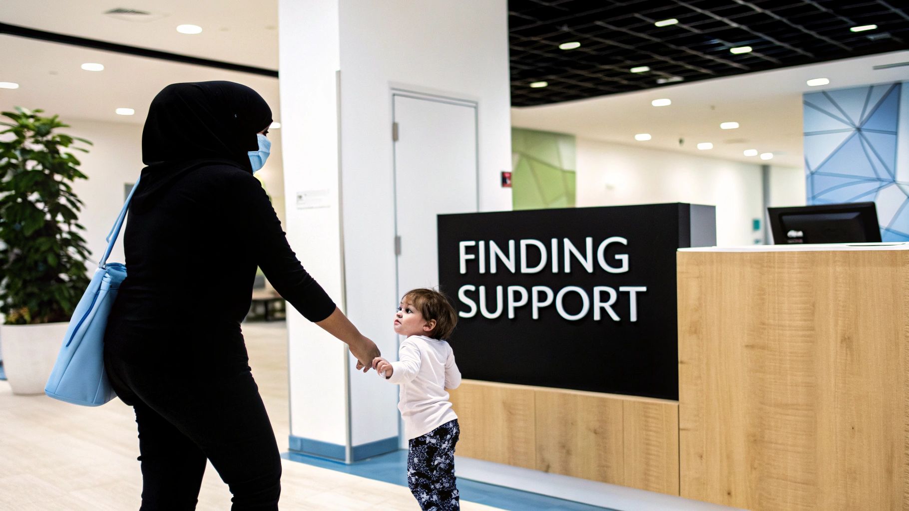 A child psychologist interacting with a young girl in a comfortable therapy room.