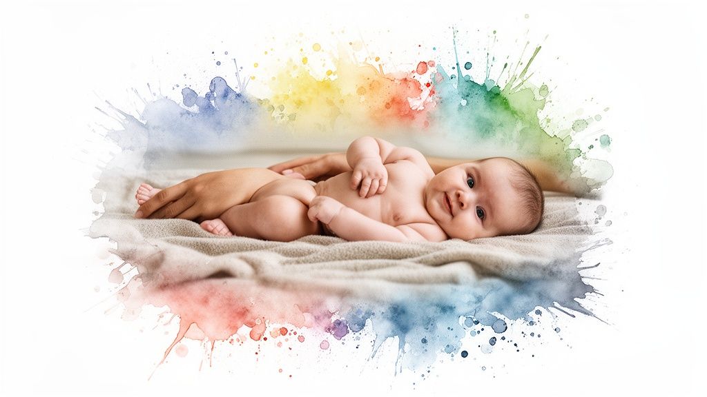A cute baby lies on a blanket, gently touched by a parent's hand, framed by colorful watercolor splashes in When Do Babies Start Rolling Over post