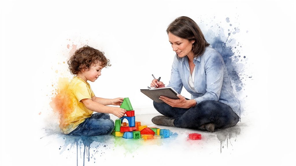 A young child plays with colorful building blocks while an adult therapist observes and takes notes.