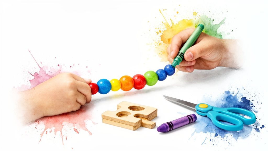 10 Therapist-Approved Indoor Childrens Activities for Developmental Growth 2 Children's hands playing with colorful beads, crayons, scissors, and a wooden puzzle on a splattered background.