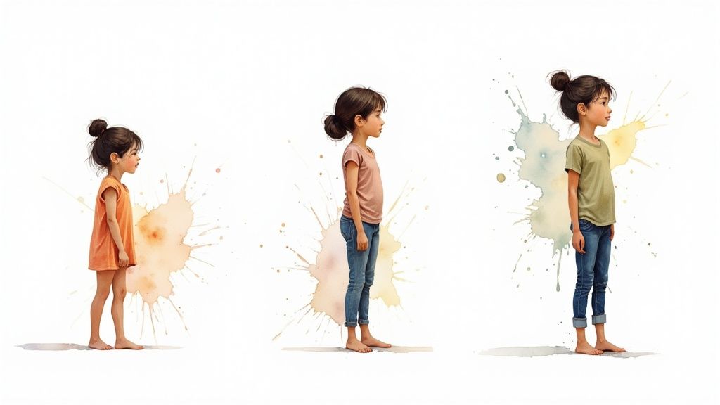 A Practical Guide to PDA and Autism 3 A visual progression of a girl growing older, shown in three stages with watercolor backgrounds.