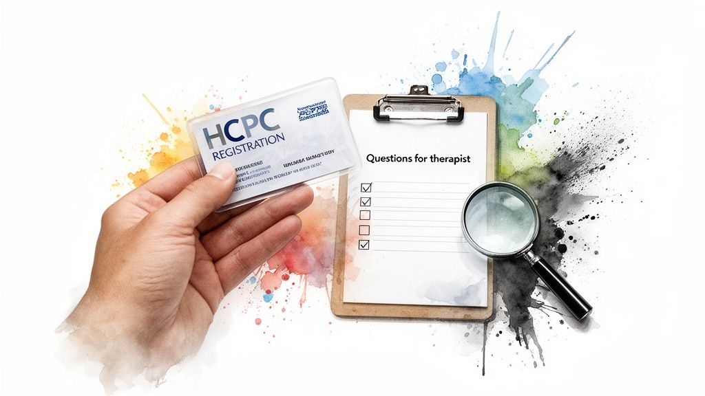 Finding a Language Therapist Near Me A Parent's Guide 2 Hand holding HCPC registration card next to a clipboard with therapist questions and a magnifying glass.