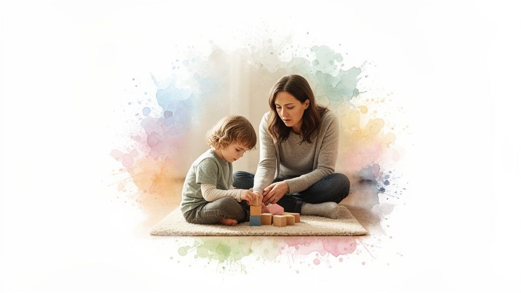 Finding a Children's Psychologist Near Me: A Parent's Guide 1 A woman and a young child sit on a rug, building with colorful wooden blocks together.