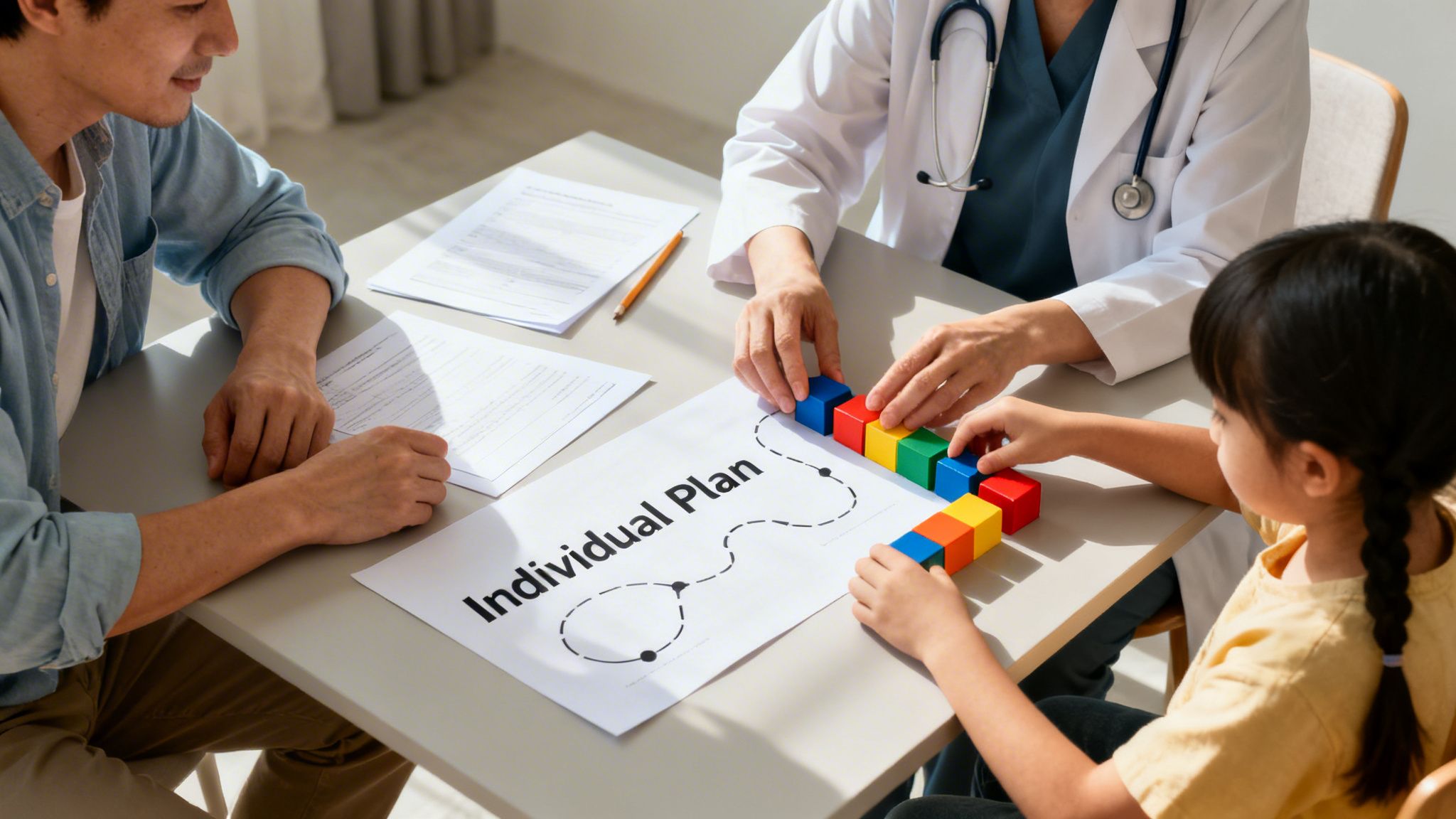 Doctor, parent, and child collaborate with colorful blocks on an "Individual Plan" document.