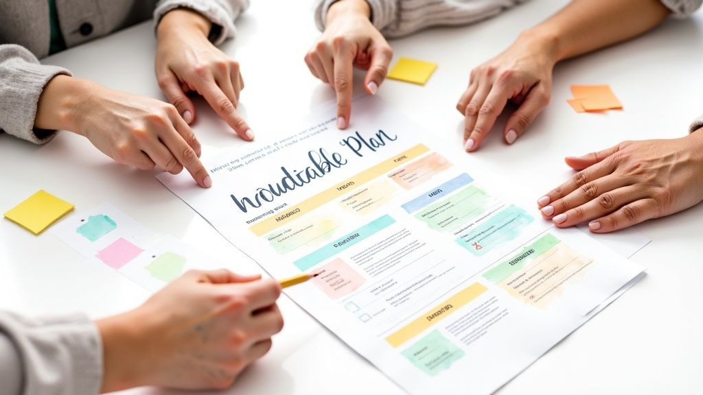 Multiple hands pointing at a 'Houdicable Plan' document on a table during a team meeting.