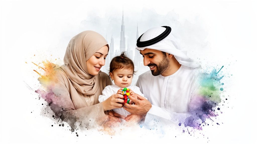 A happy Emirati family with a baby playing with a colorful toy, set against a Dubai skyline in the post of autism in uae