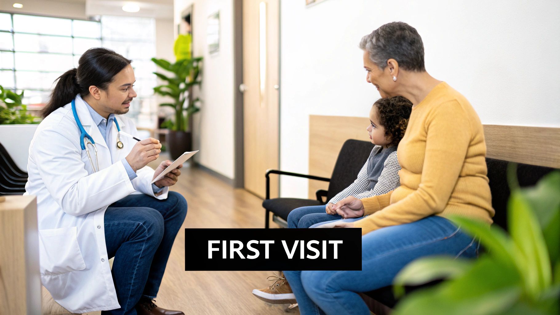 A friendly developmental pediatrician interacting playfully with a young child on the floor of a colourful clinic room.