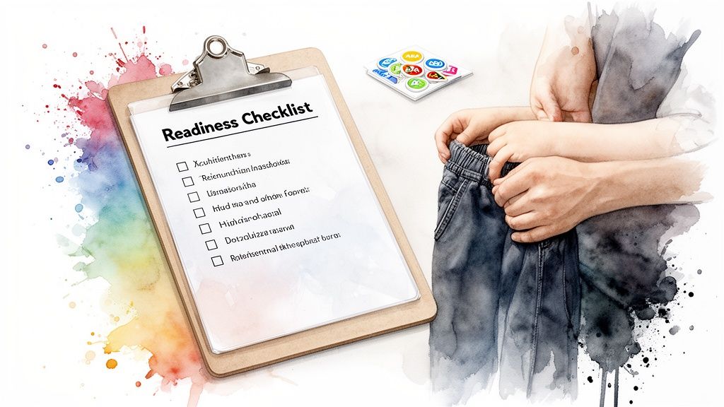 A Guide to The Toilet Training for Children with Autism 2 A readiness checklist on a clipboard next to hands helping a child with pants, with colorful splashes.