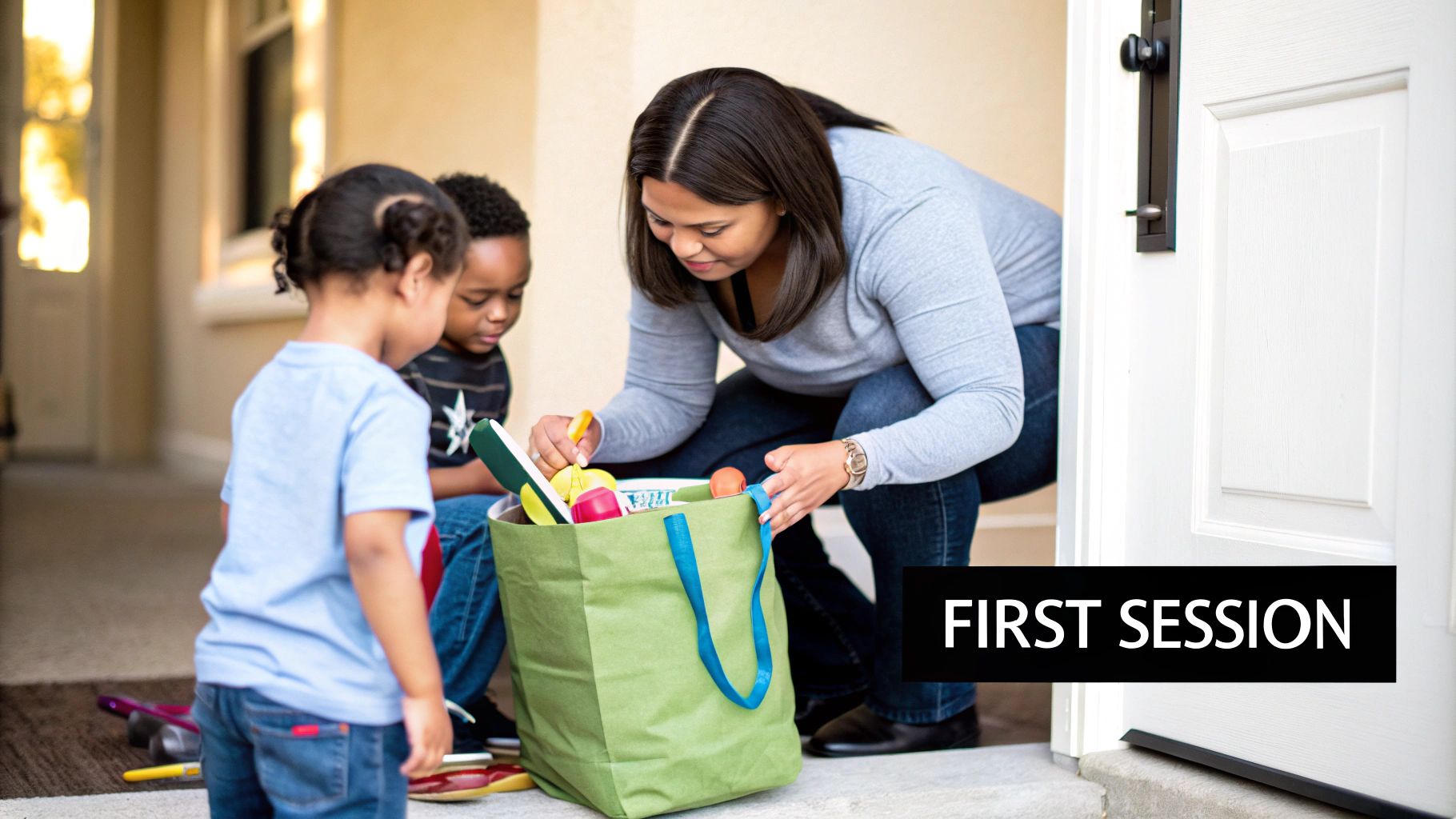 A Parent's Guide to Speech Therapy for Kids 4 A young child and their parent looking at a clipboard together in a bright, friendly therapy room.