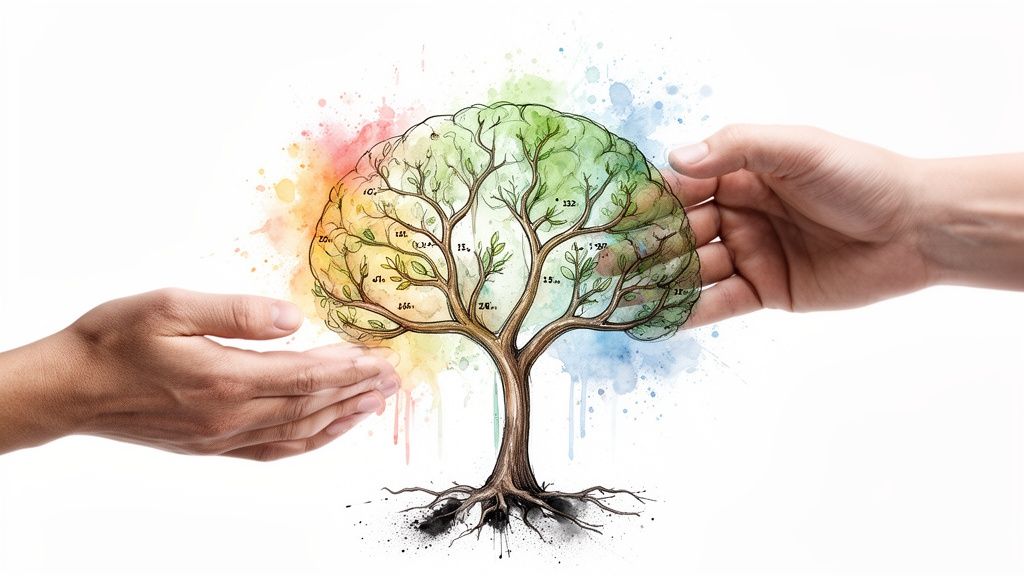 Two hands cradle a vibrant watercolor brain tree, representing cognitive growth and development.