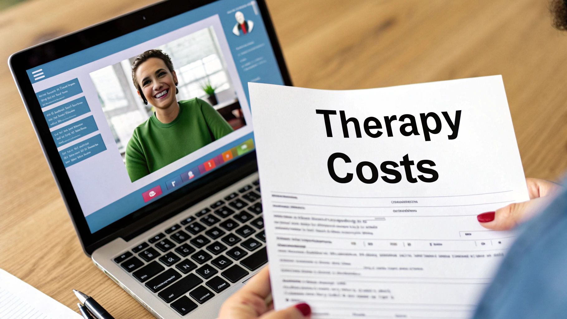 A person sitting at a desk, reviewing an insurance document with a calculator and laptop nearby, figuring out the costs of therapy.