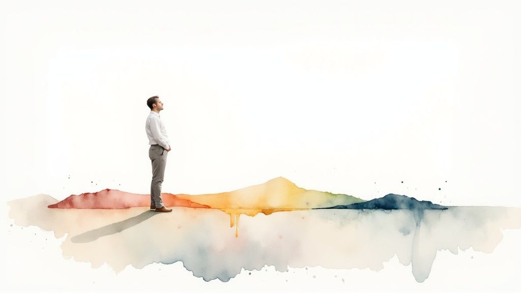 A Practical Guide to PDA and Autism 1 A man stands on a watercolor landscape with colorful mountains, looking thoughtfully towards the horizon.