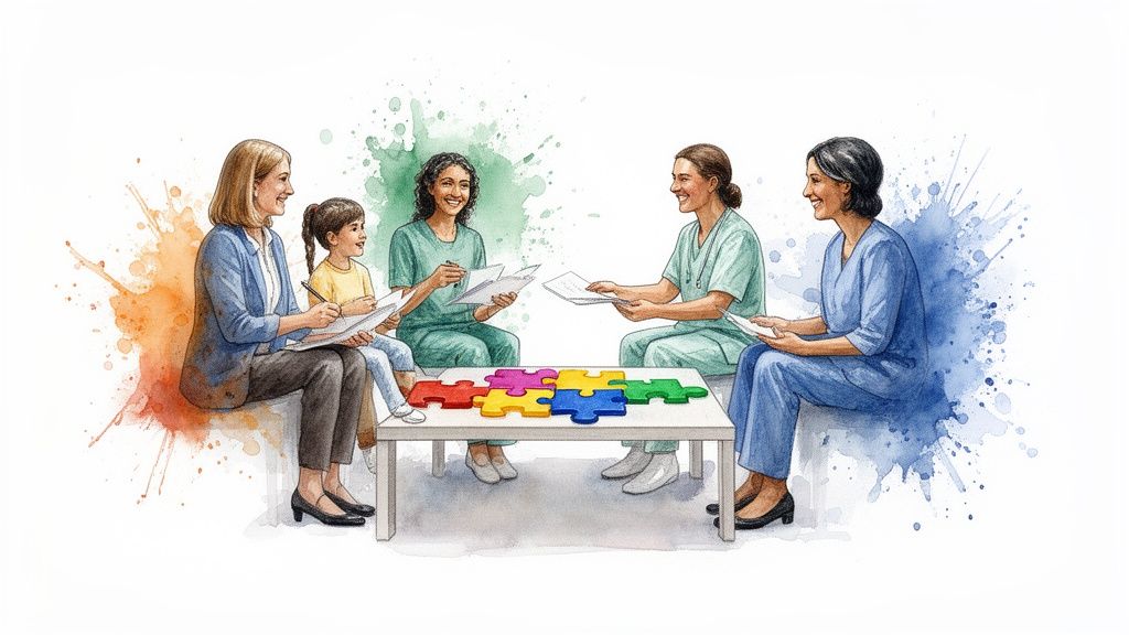 Finding a Children's Psychologist Near Me: A Parent's Guide 4 Five smiling individuals, including a child, around a table with colorful puzzle pieces, representing collaboration.