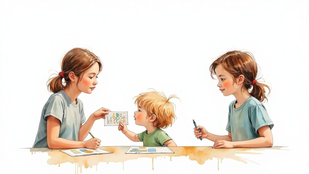 Three happy children, two girls and a boy, drawing and sharing their artwork at a table.