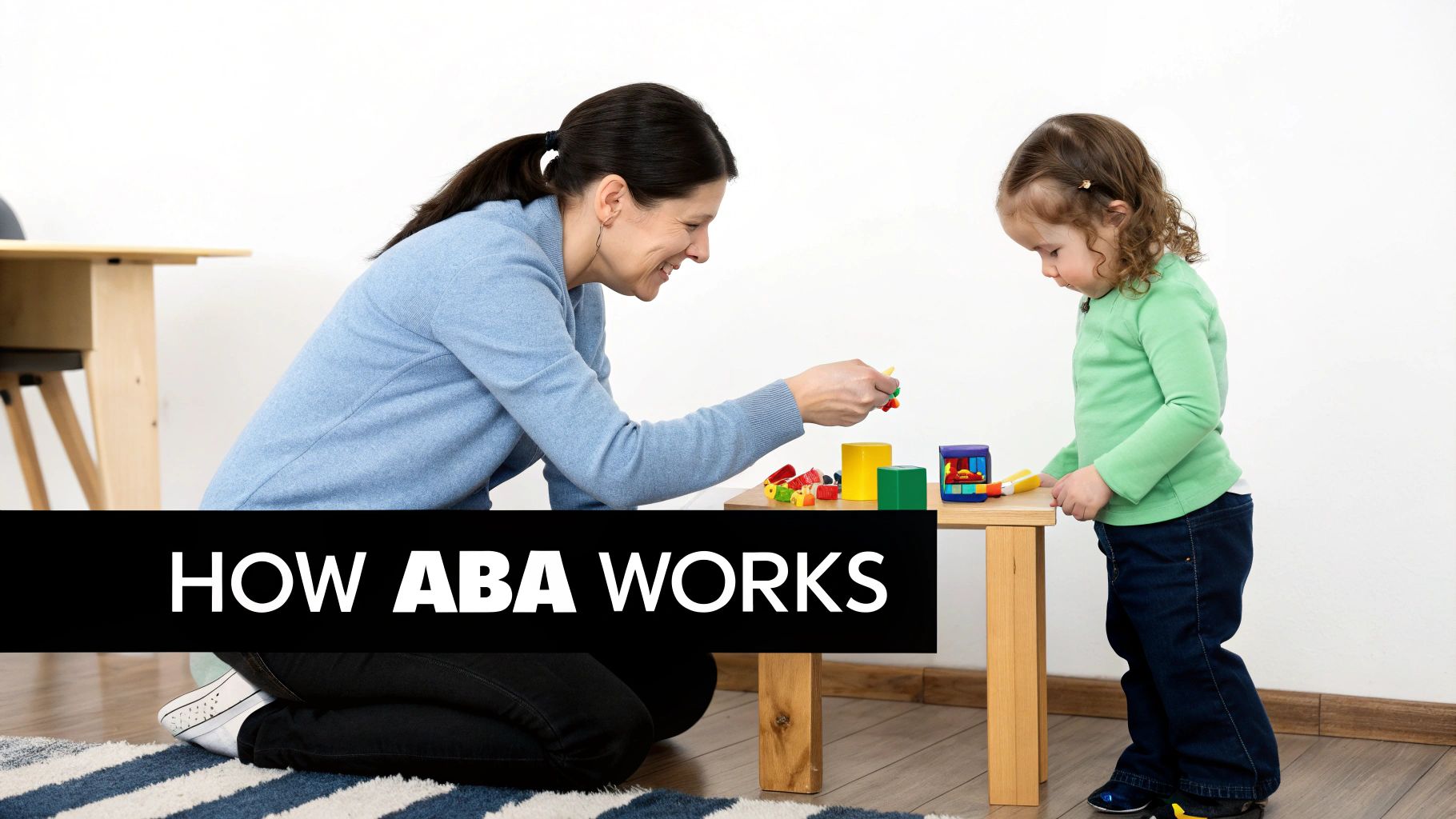 A therapist kneels, smiling, playing with blocks with a young child on a small wooden table.