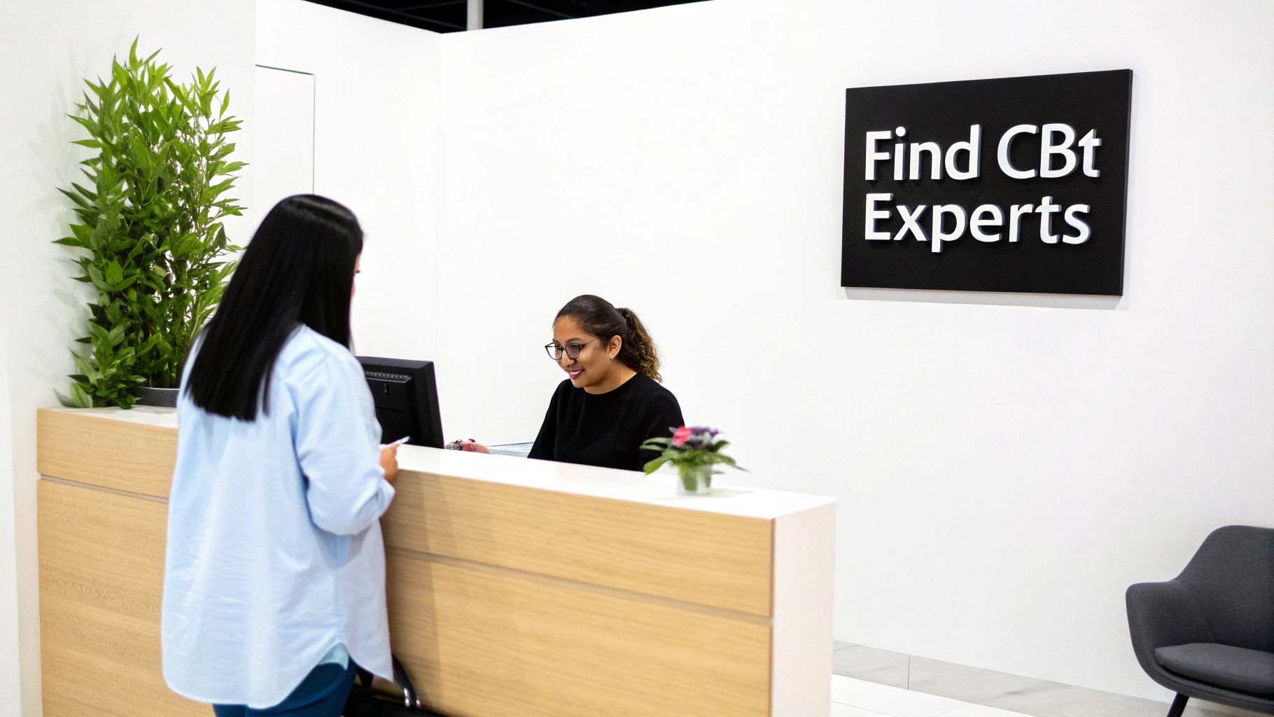 A compassionate therapist at Georgetown Early Intervention Centre discussing a personalised CBT plan with a client in a welcoming office.