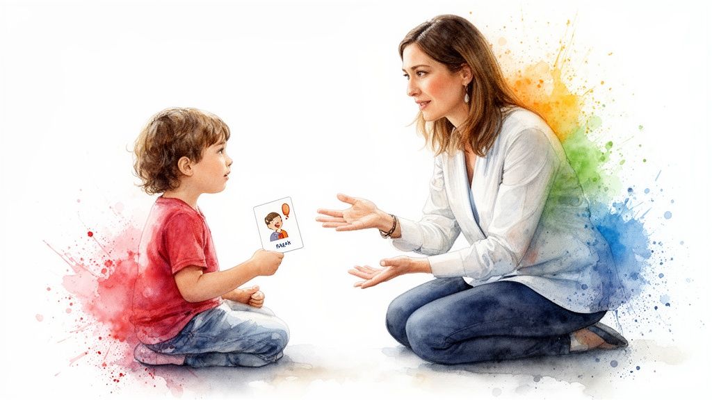 A speech therapy pathologist engages with a young boy using a flashcard in a colorful, playful setting.