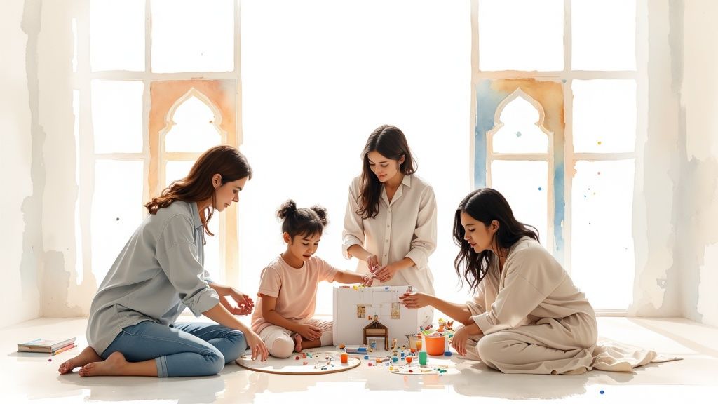 Family playing at home with sensory toys