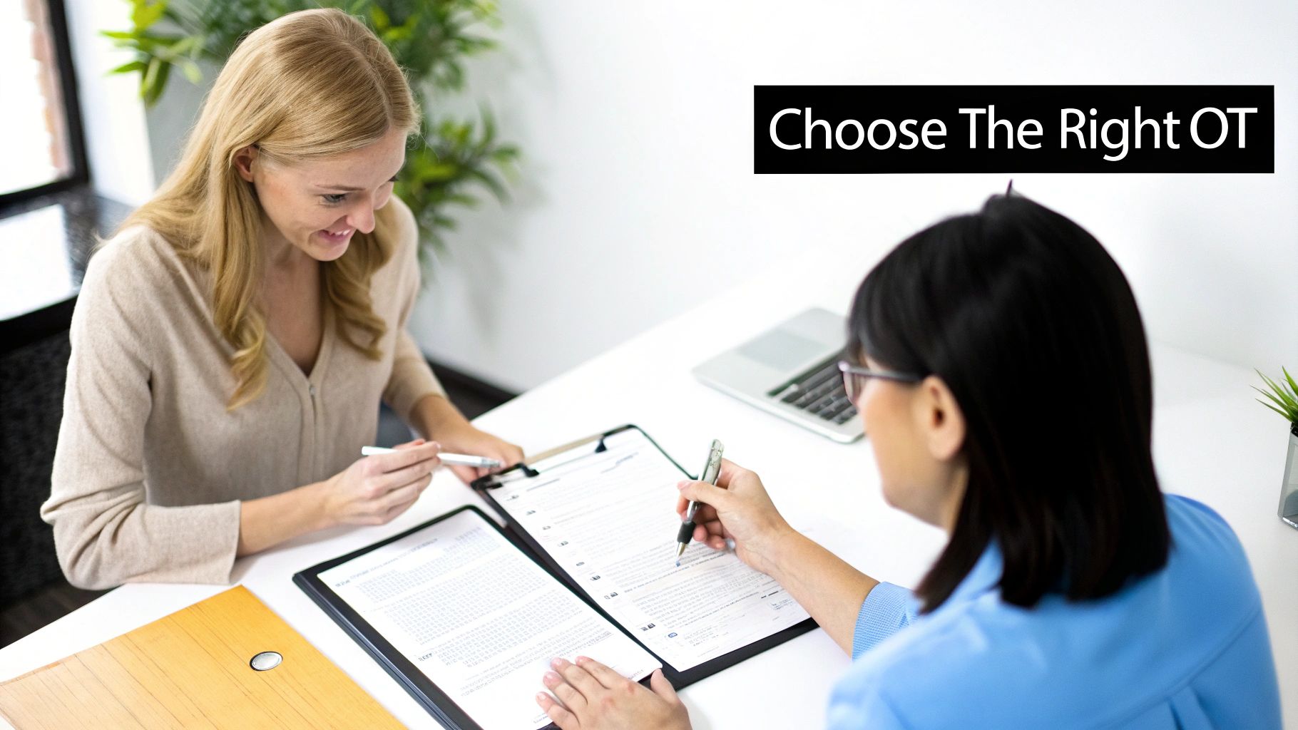 An occupational therapist and a parent discussing a child's progress in a bright, modern clinic in Dubai.