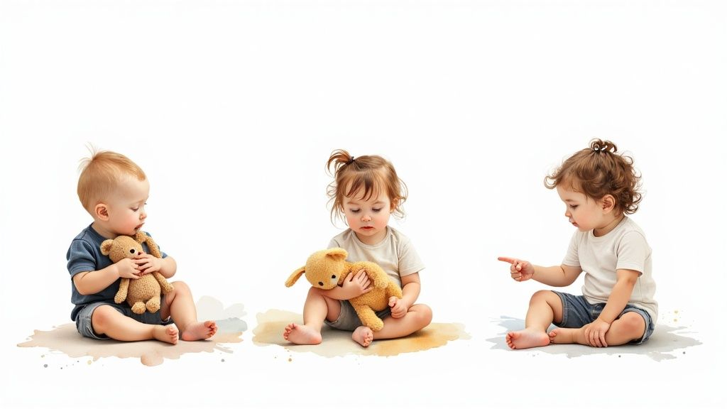 Three toddlers sitting on a white background, two holding toys and one pointing.