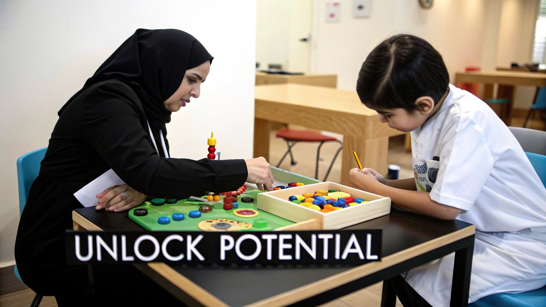 A child engaged in a sensory play activity with an occupational therapist.