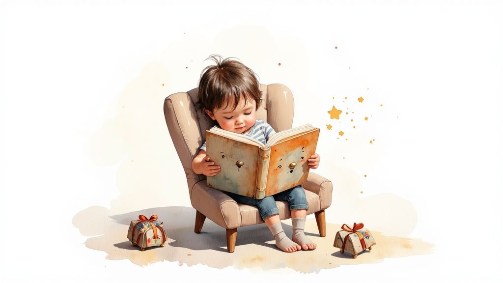 A cute toddler sits in an armchair, intently reading a magical storybook with faces on its cover, surrounded by tiny gifts.