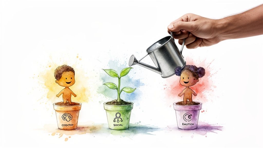 Hand waters potted cartoon children representing cognition, social, and emotion development, showing nurturing growth.