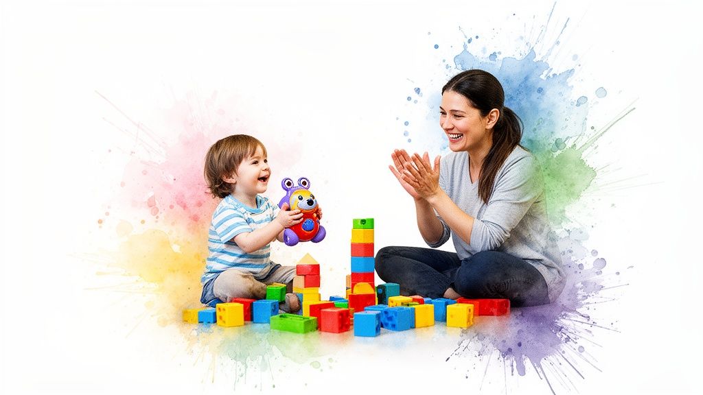 A joyful woman and a young child playing together with colorful blocks and a toy, smiling happily.