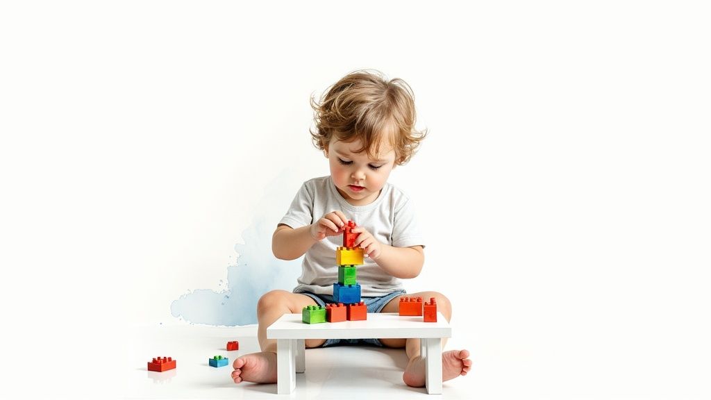 A focused toddler, with curly hair, stacks colorful building blocks on a white table.