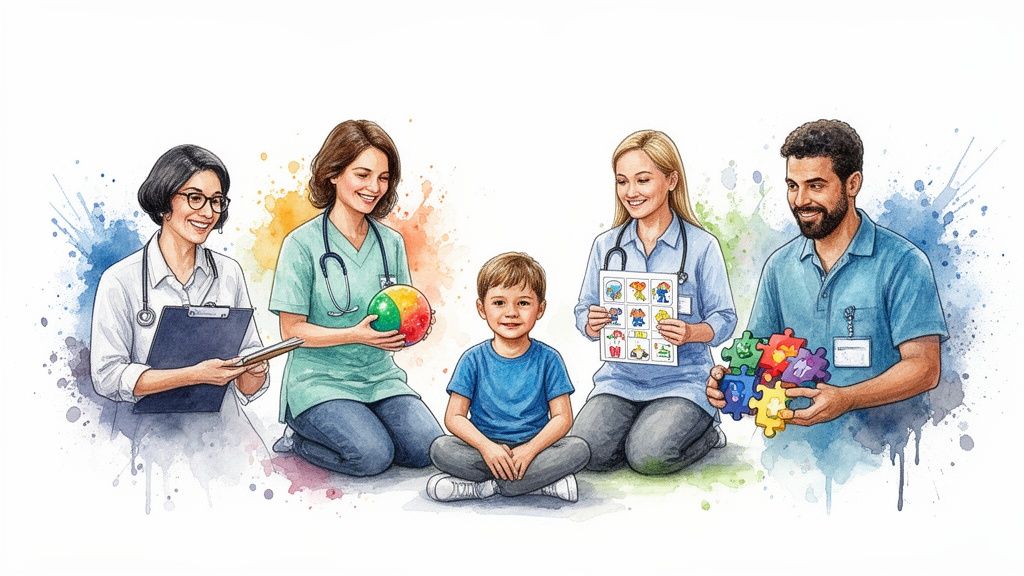 A Parent's Guide to Choosing the Right Early Childhood Centre 2 Five smiling professionals interact with a happy child, using a ball, visual chart, and puzzle pieces.