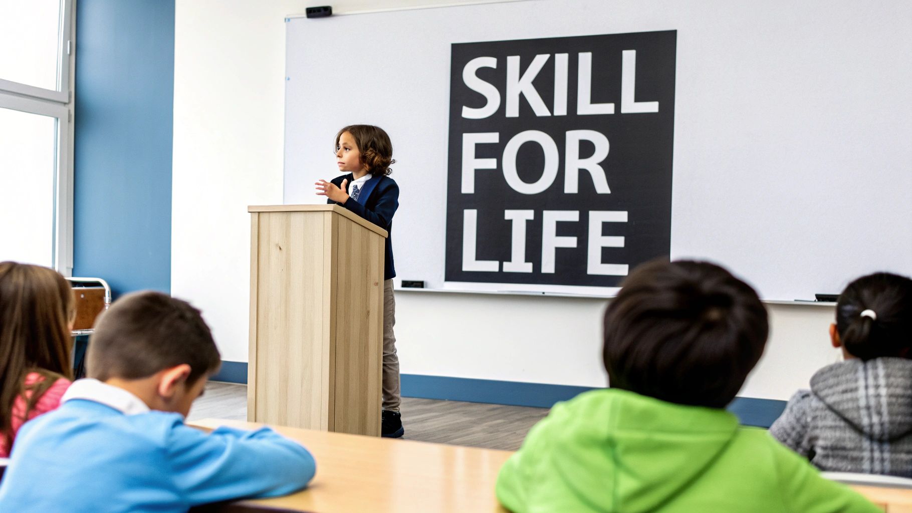 A young girl confidently speaking into a microphone in a classroom setting.