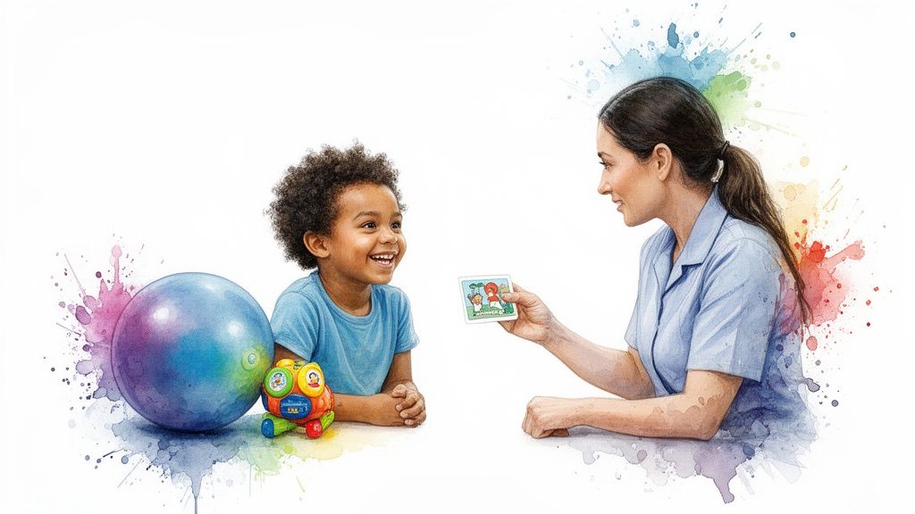 A Parent's Guide to Choosing the Right Early Childhood Centre 4 A smiling young boy interacts with a therapist holding a flashcard, surrounded by colorful toys.