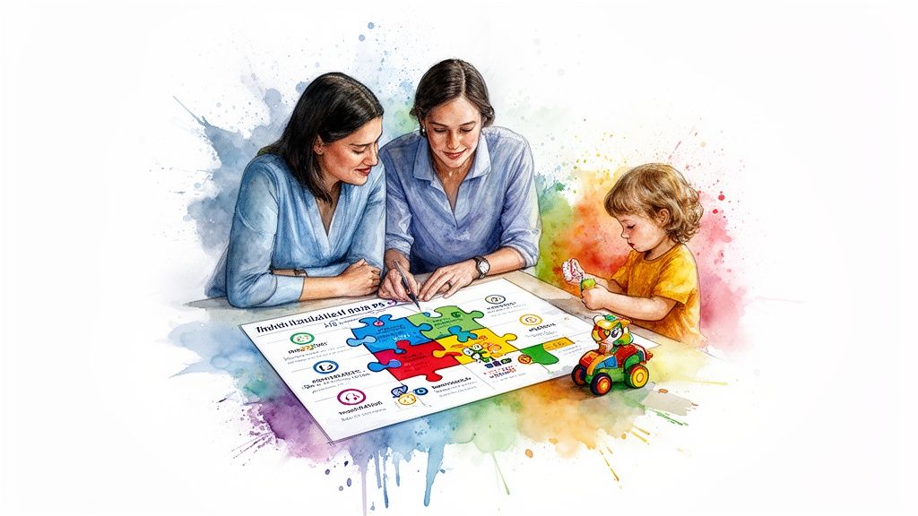 Two women and a young child engage with a colorful puzzle diagram, symbolizing aspects of development.