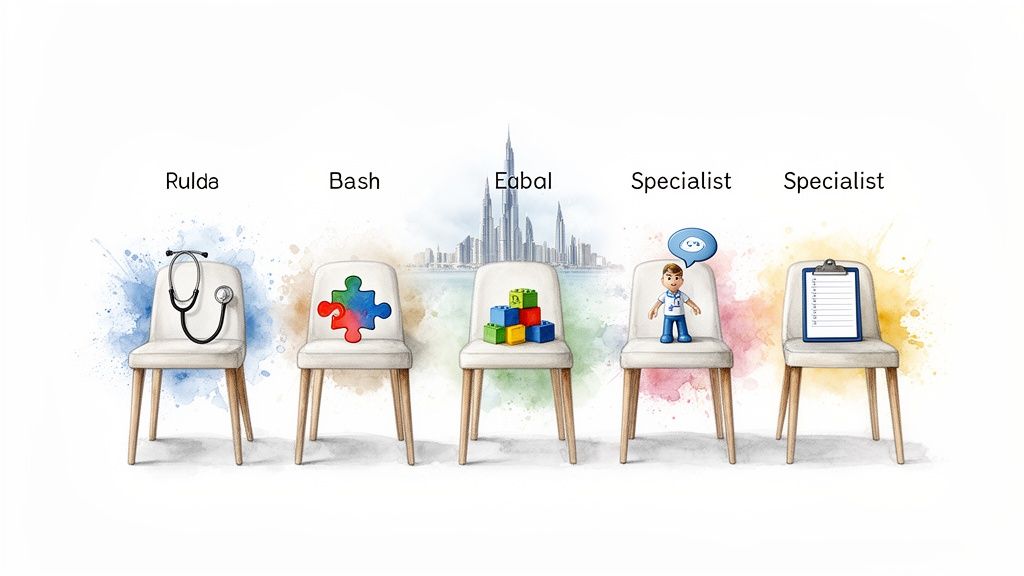 Five chairs displaying symbols for different medical and psychological specializations, including a stethoscope, puzzle, blocks, and doctor figure.
