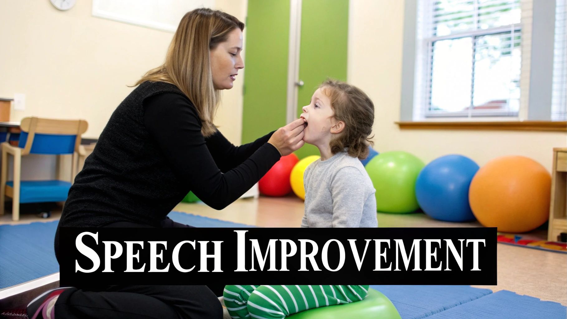 A speech language pathologist uses flashcards to engage a young patient in a bright, welcoming therapy room.