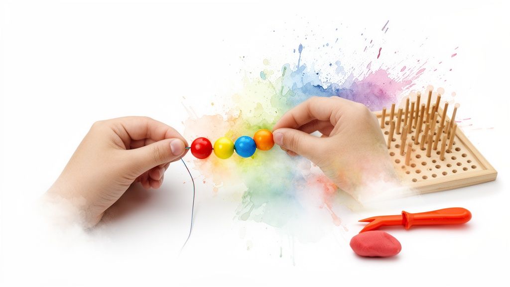 Child's hands stringing colorful beads on a string, with a wooden pegboard and playdough.