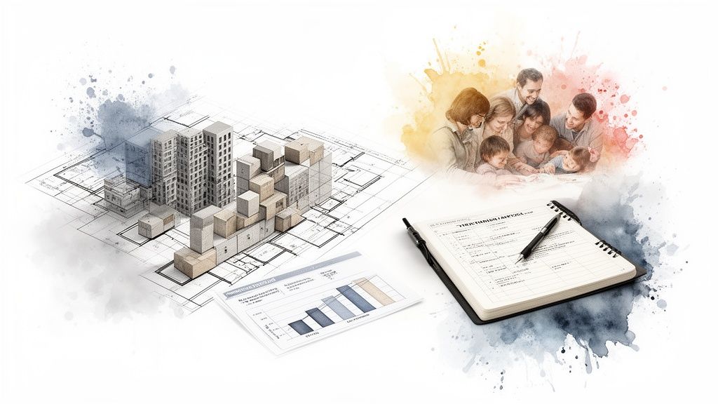 Decoding Speech Therapy Dubai Cost a Parent's Guide 2 speech therapy dubai cost, Architectural plans and buildings with a family, financial charts, and a notebook for real estate and family planning.