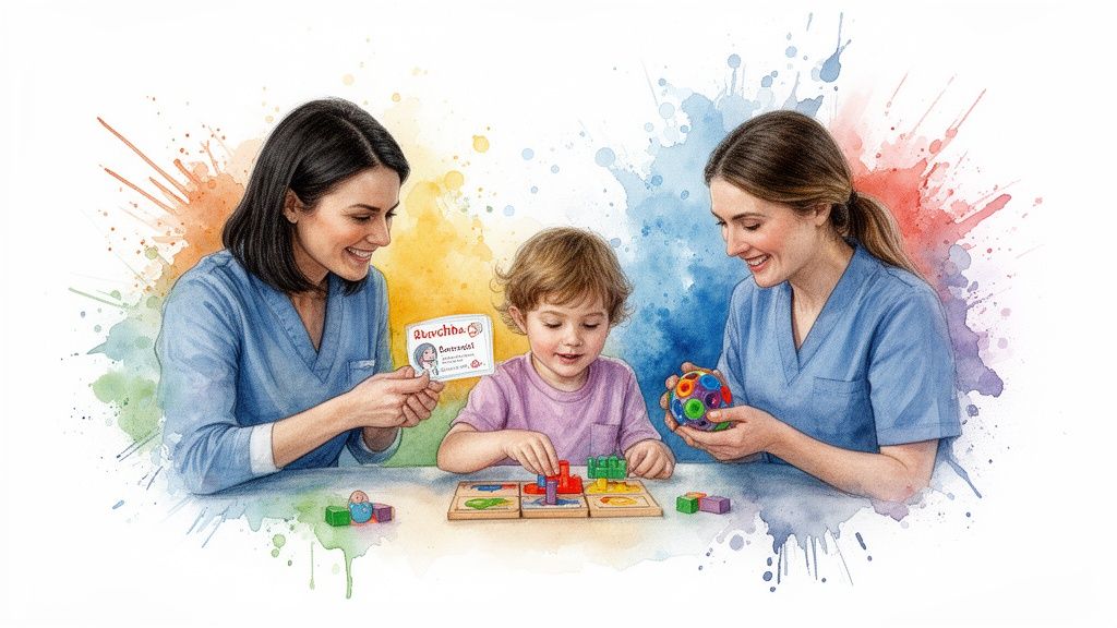 Two smiling women, likely ABA therapists, engage a child with educational toys in a vibrant watercolor setting.