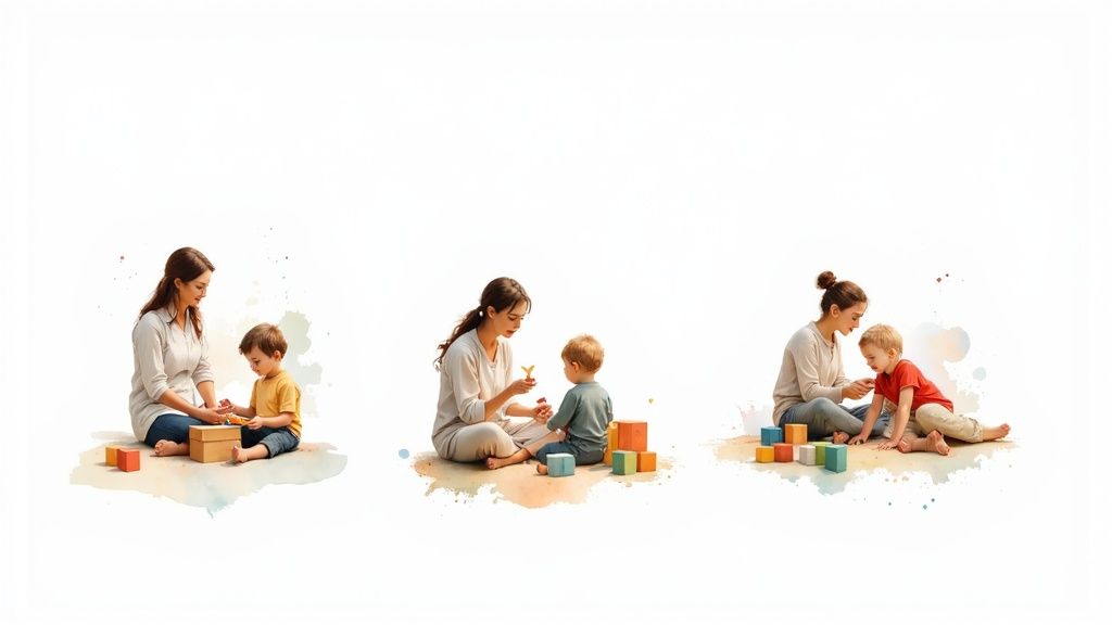 Explore autism treatment in dubai: A Practical Guide for Families 3 Three heartwarming scenes of a mother and child engaged in play therapy with colorful blocks.