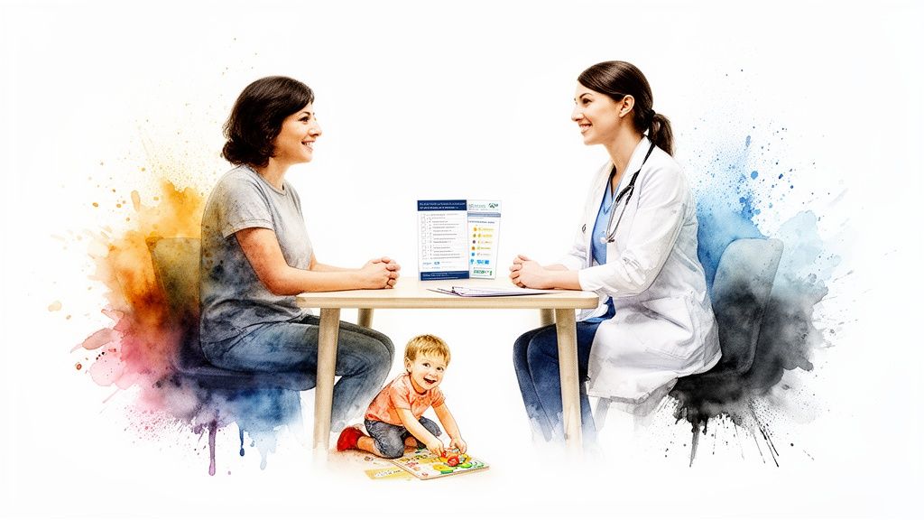 Decoding Speech Therapy Dubai Cost a Parent's Guide 4 A woman, doctor, and child during a medical consultation with colorful watercolor art.
