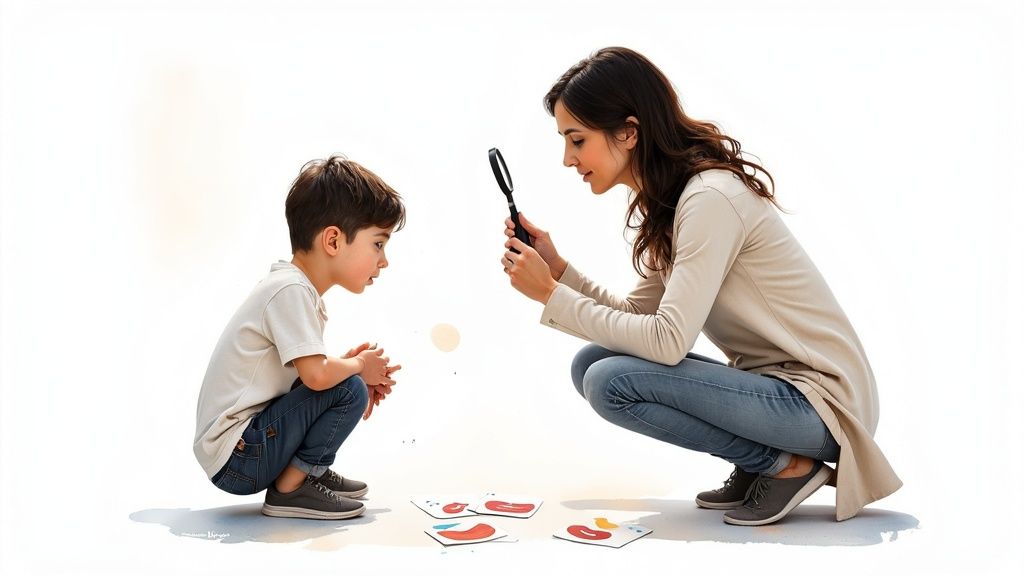 A woman and a child crouch, engaged in a language learning activity with a magnifying glass.