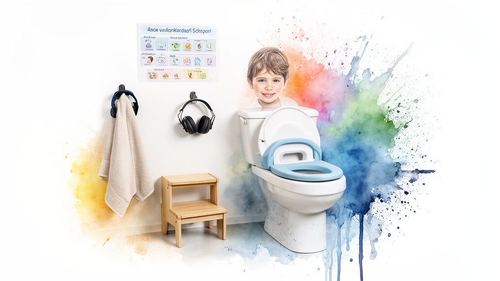 A Guide to The Toilet Training for Children with Autism 3 A young boy happily using a toilet with a blue child seat and a step stool, surrounded by colorful paint splashes.