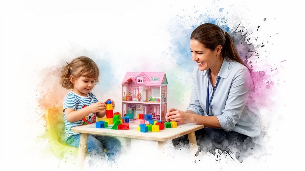 A smiling woman engaging a happy young child playing with colorful blocks and a dollhouse.