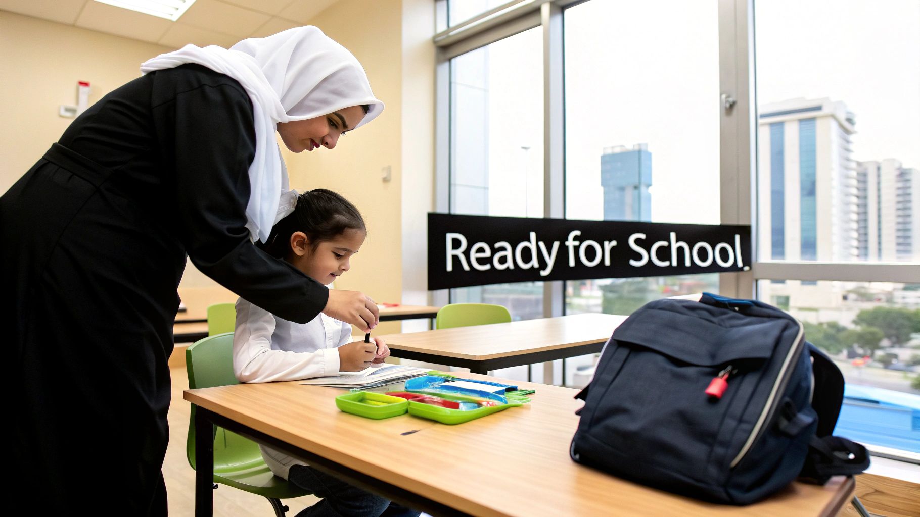 A young child happily participating in a school readiness activity in a bright classroom setting