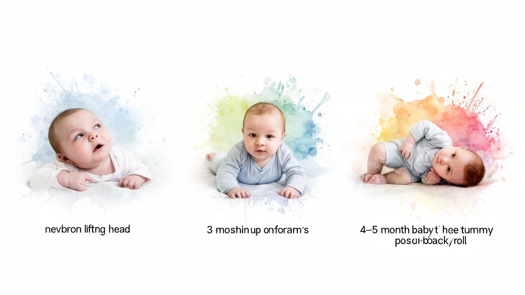 Three babies demonstrate early developmental milestones: lifting head, pushing up on forearms, and tummy to back rolling.