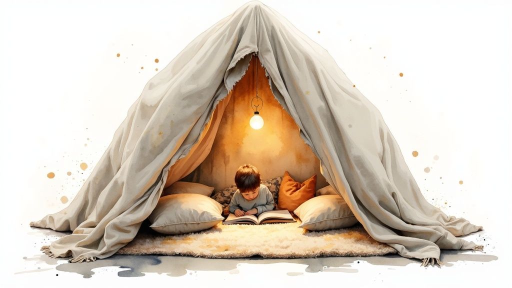 A child enjoys reading a book in a whimsical blanket fort with warm lighting and pillows.